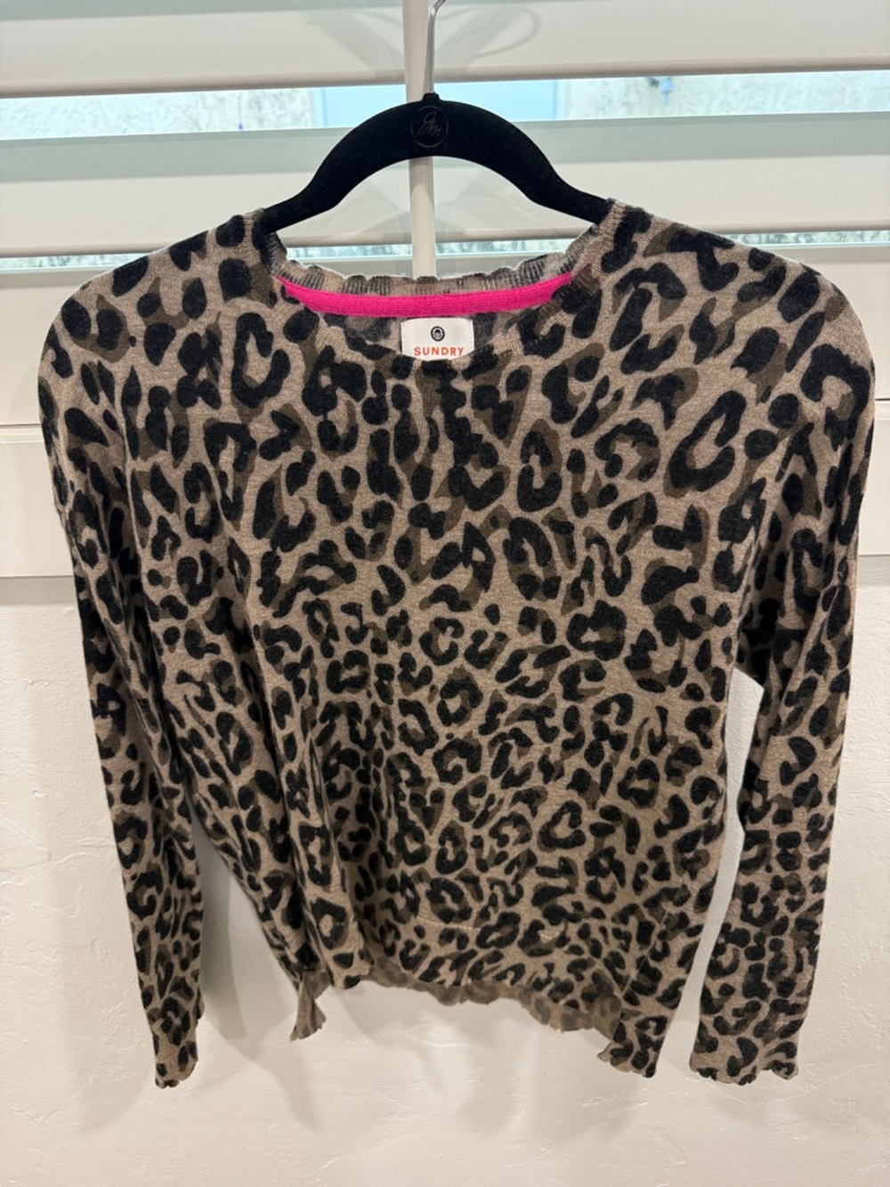 Sundry Leopard Print Crewneck Sweater - Taupe & Black with Pink Trim